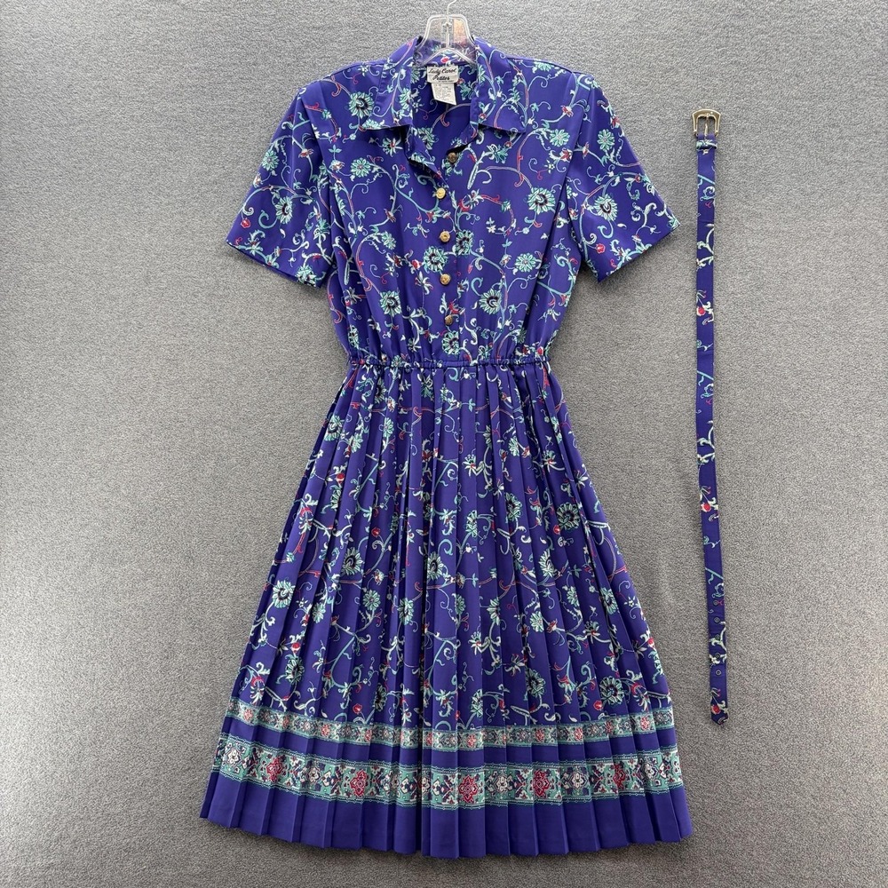 VTG 80s Lady Carol Petites Dress Womens 10 Purple Floral Shirt Pleated Midi
